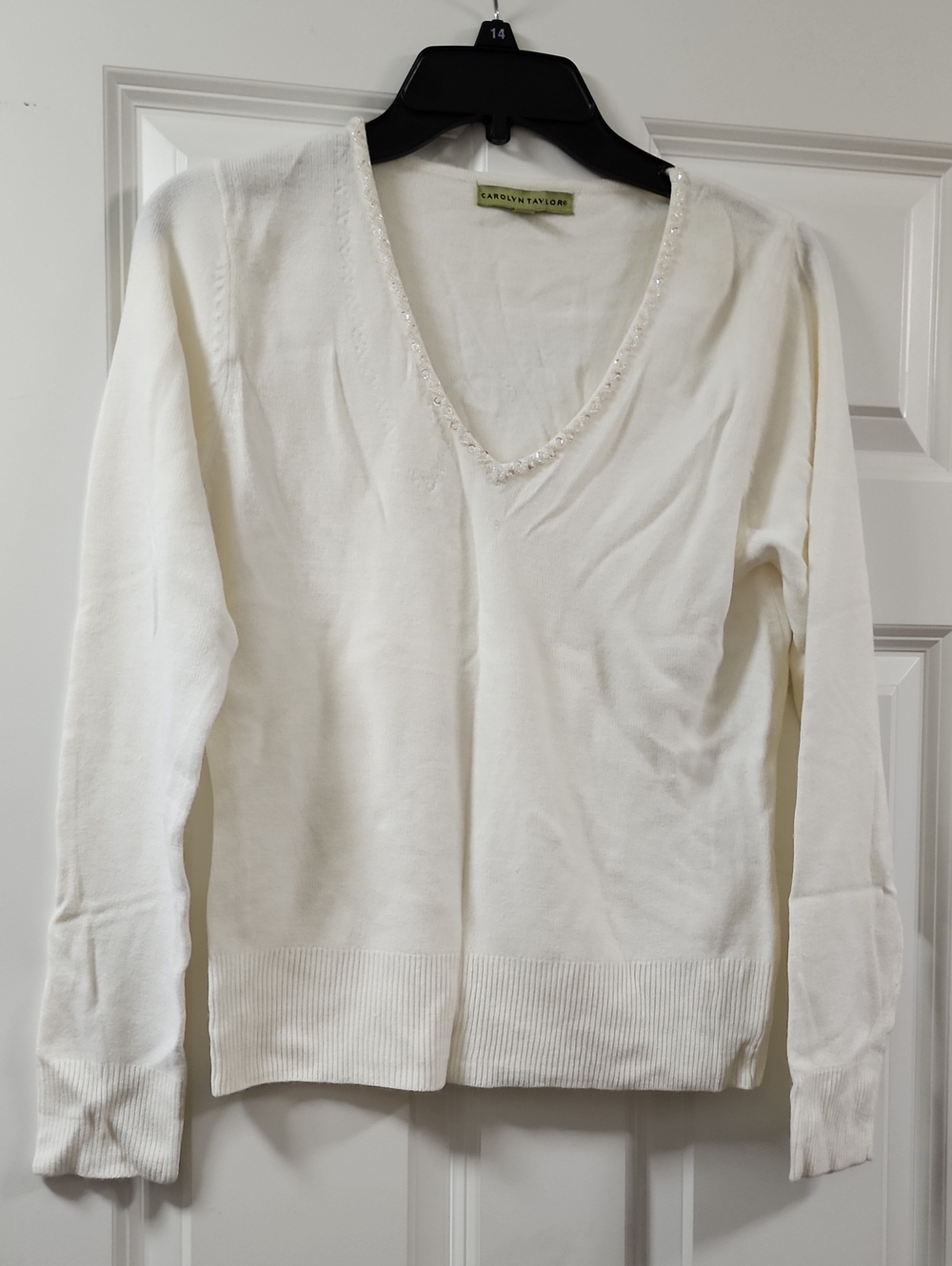 Carolyn Taylor Women's Ivory V-Neck Sweater with Beaded Trim